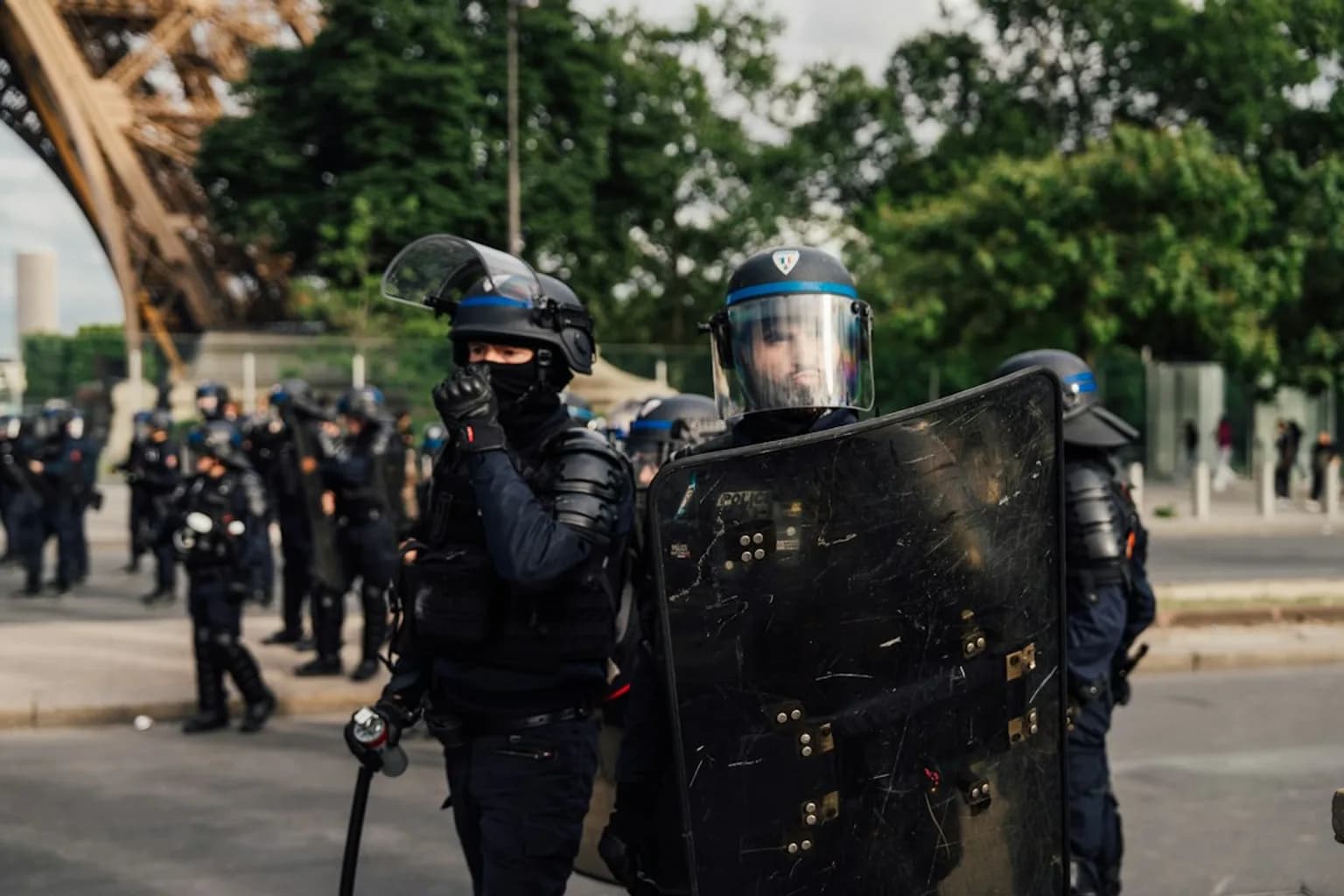 French riot police in formation during street protests in France