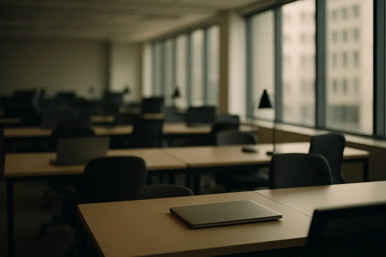 Empty open-plan office with rows of unoccupied desks and natural light through large windows