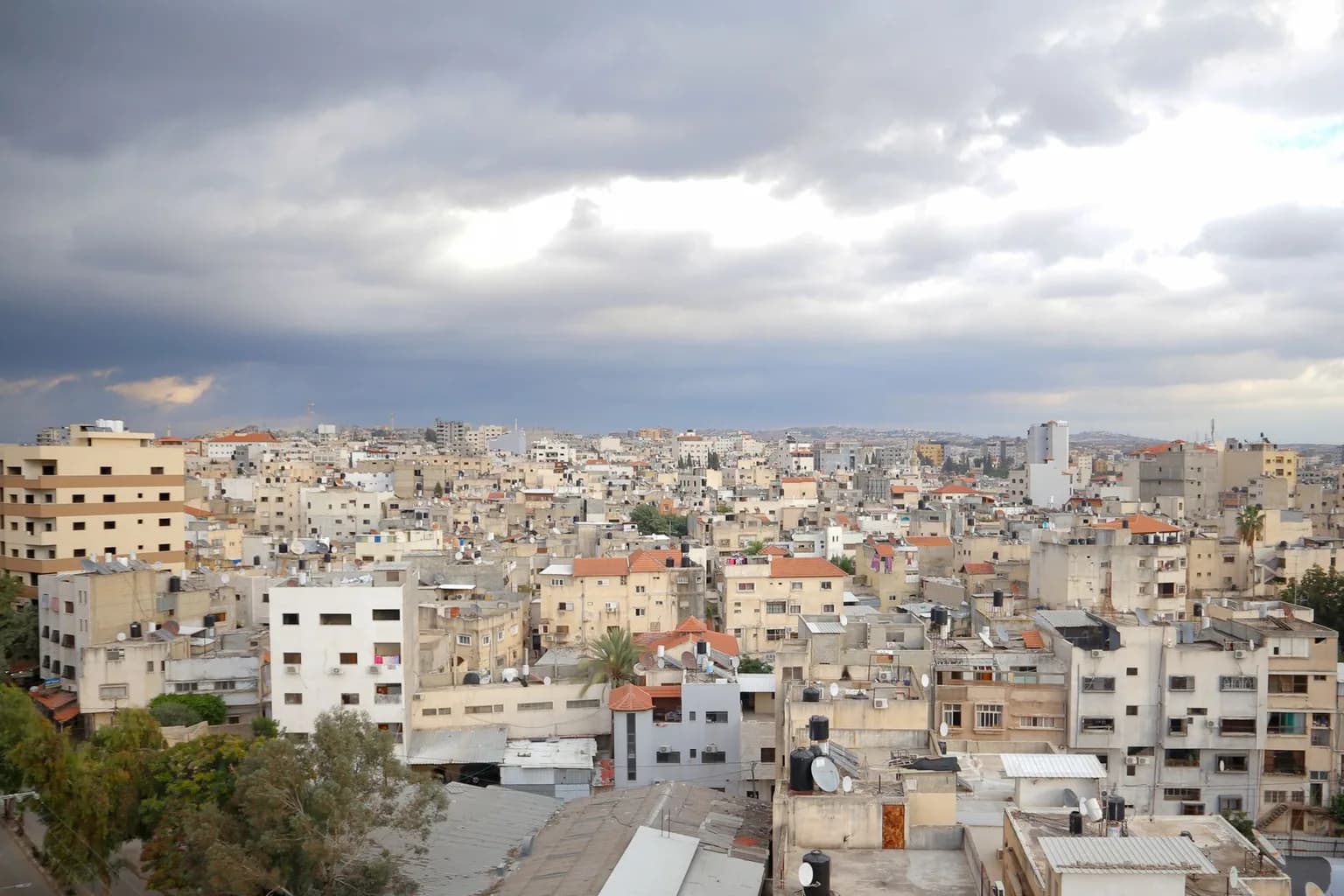 Aerial view of the Gaza Strip showing widespread destruction and military infrastructure