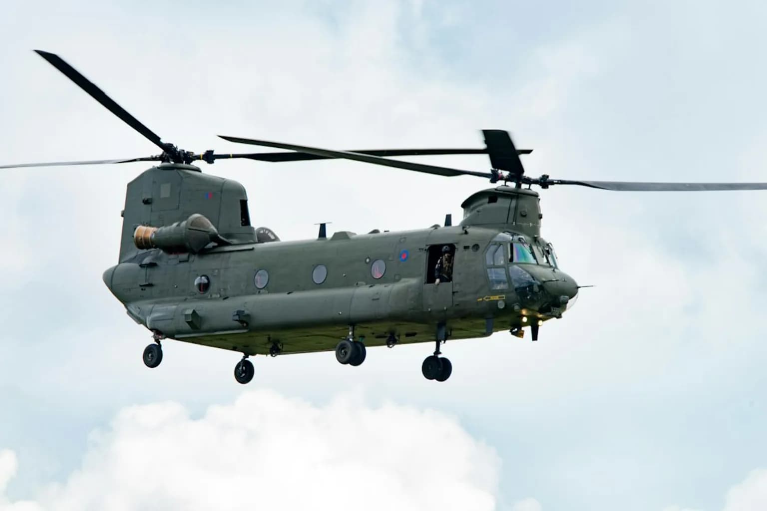 A CH-47 Chinook military helicopter in flight