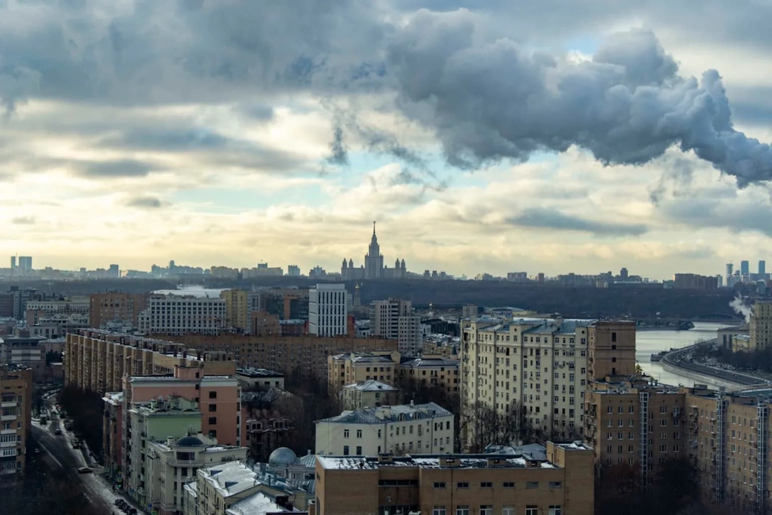 Smoke rising over Moscow following a Ukrainian drone strike on the city's oil refinery district