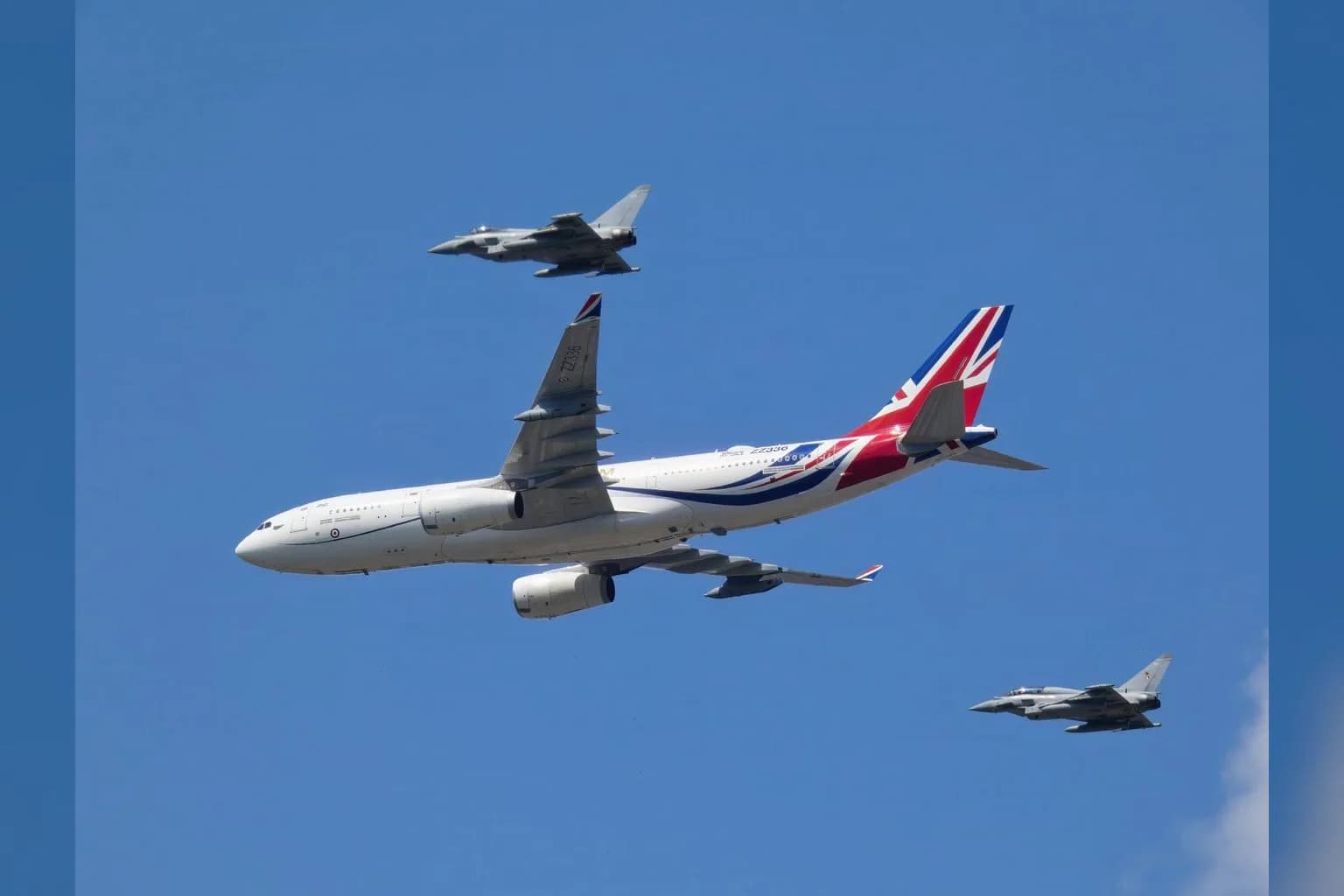 An RAF Voyager air-to-air refuelling aircraft in flight