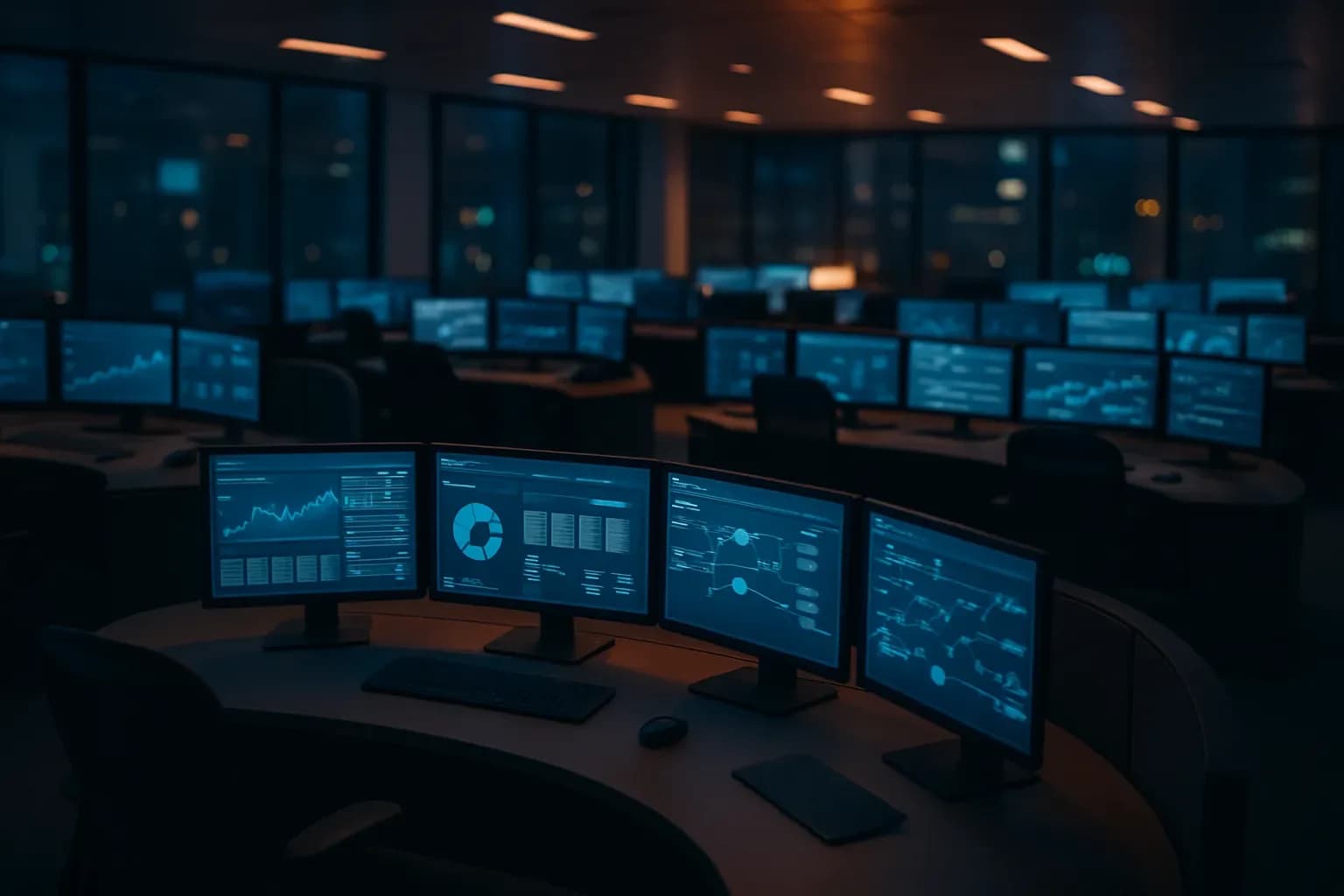 Empty bank operations centre with payment-monitoring screens glowing in the dark