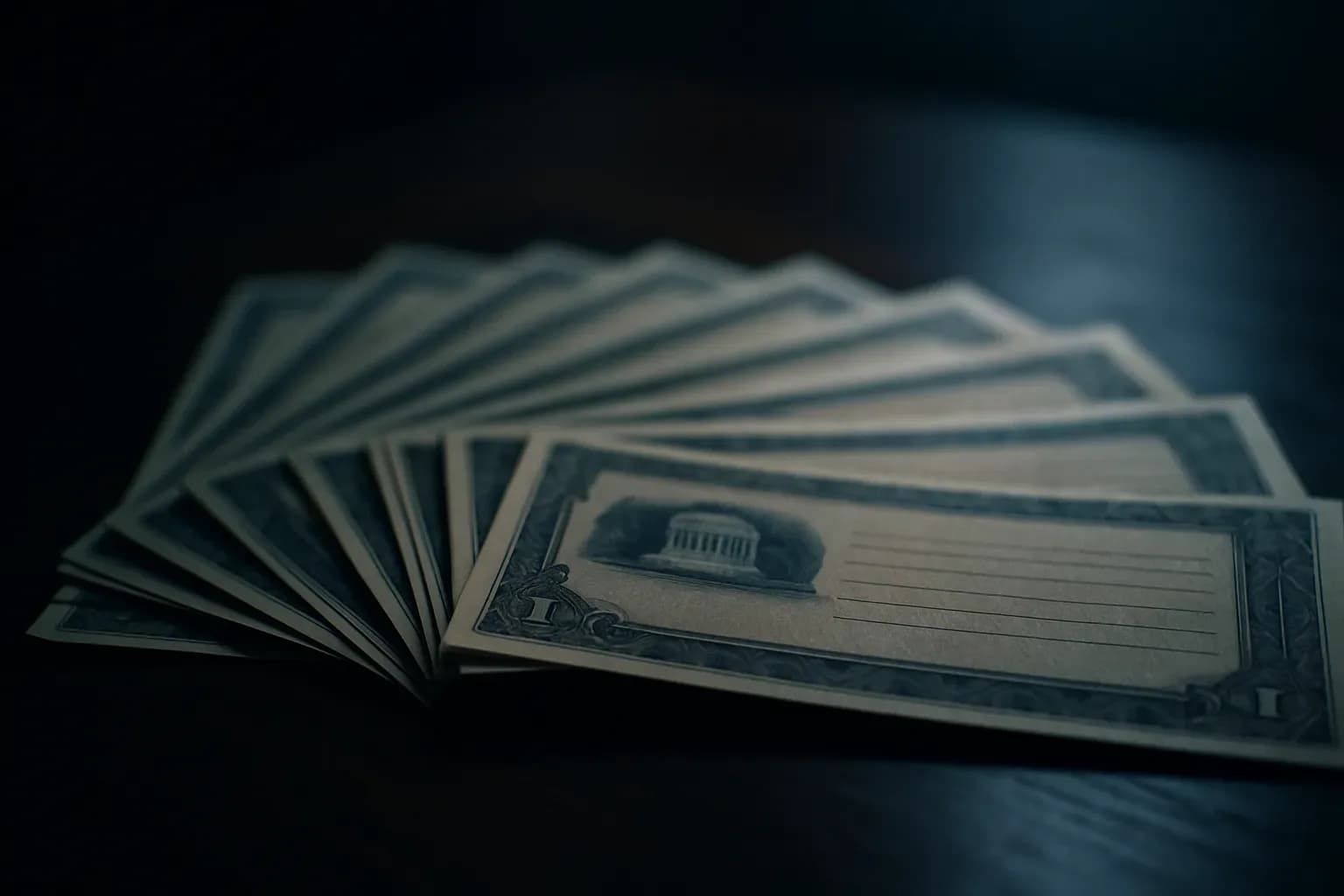 US Treasury bonds arranged on a dark surface under cool natural light