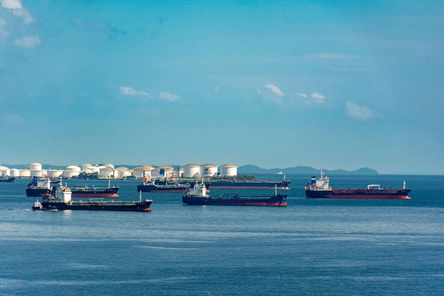 Oil tankers anchored in the Gulf of Oman during ship-to-ship crude transfer operations