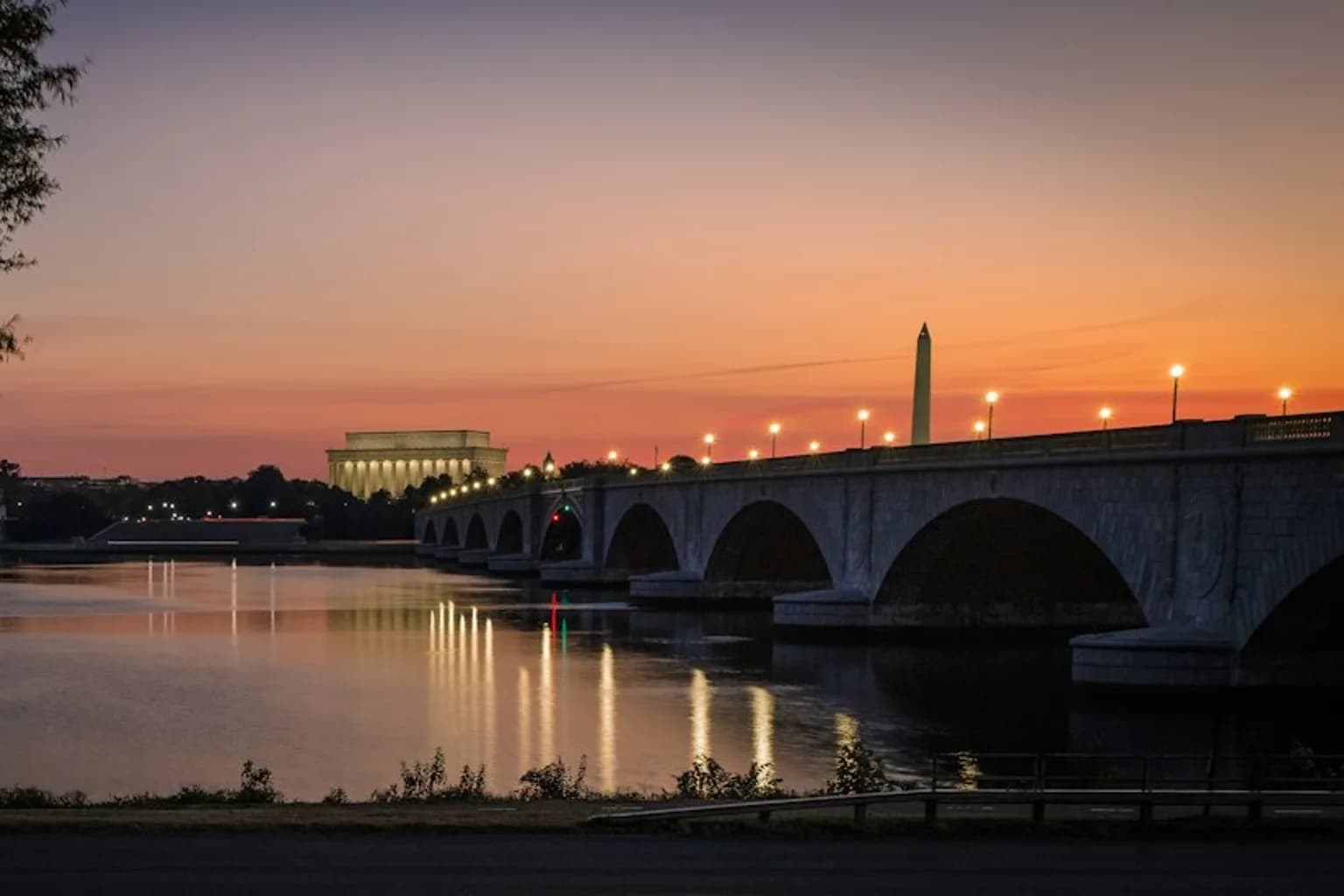 Aerial view of the Memorial Bridge crossing the Potomac River near Arlington National Cemetery
