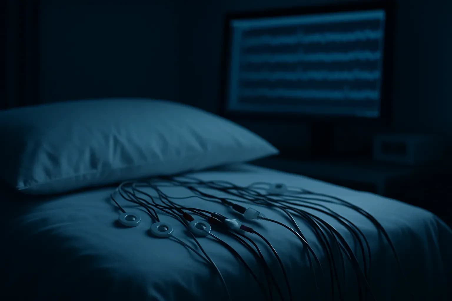 Polysomnography electrodes and monitoring equipment in a sleep laboratory with brainwave traces visible on a screen in the background