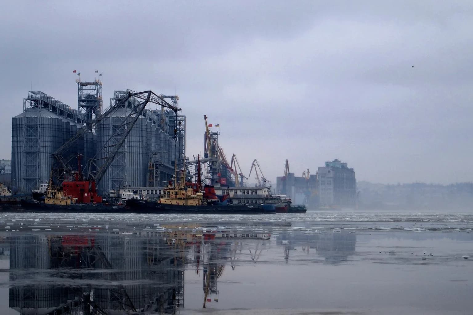 A cargo ship carrying grain sails through the Black Sea