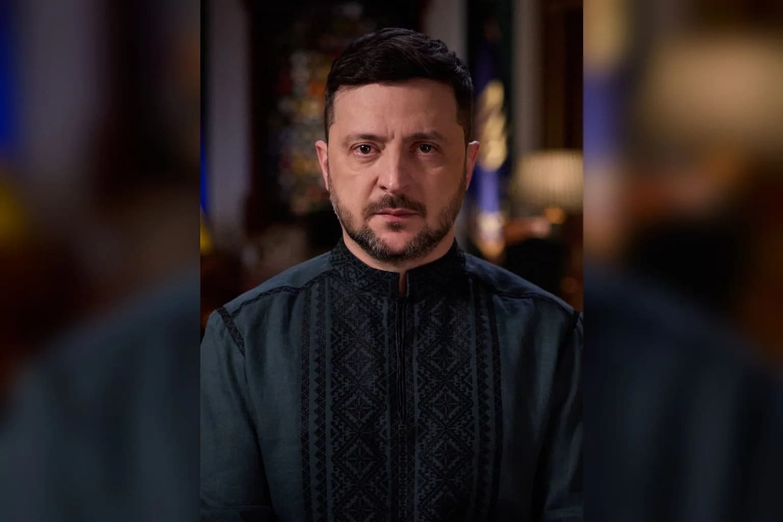 Ukrainian President Volodymyr Zelensky speaking at a press appearance