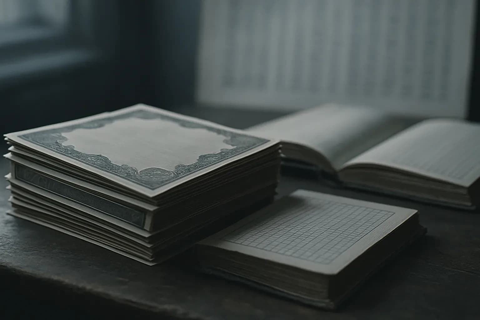 Stack of government bond documents on a desk with financial figures in the background
