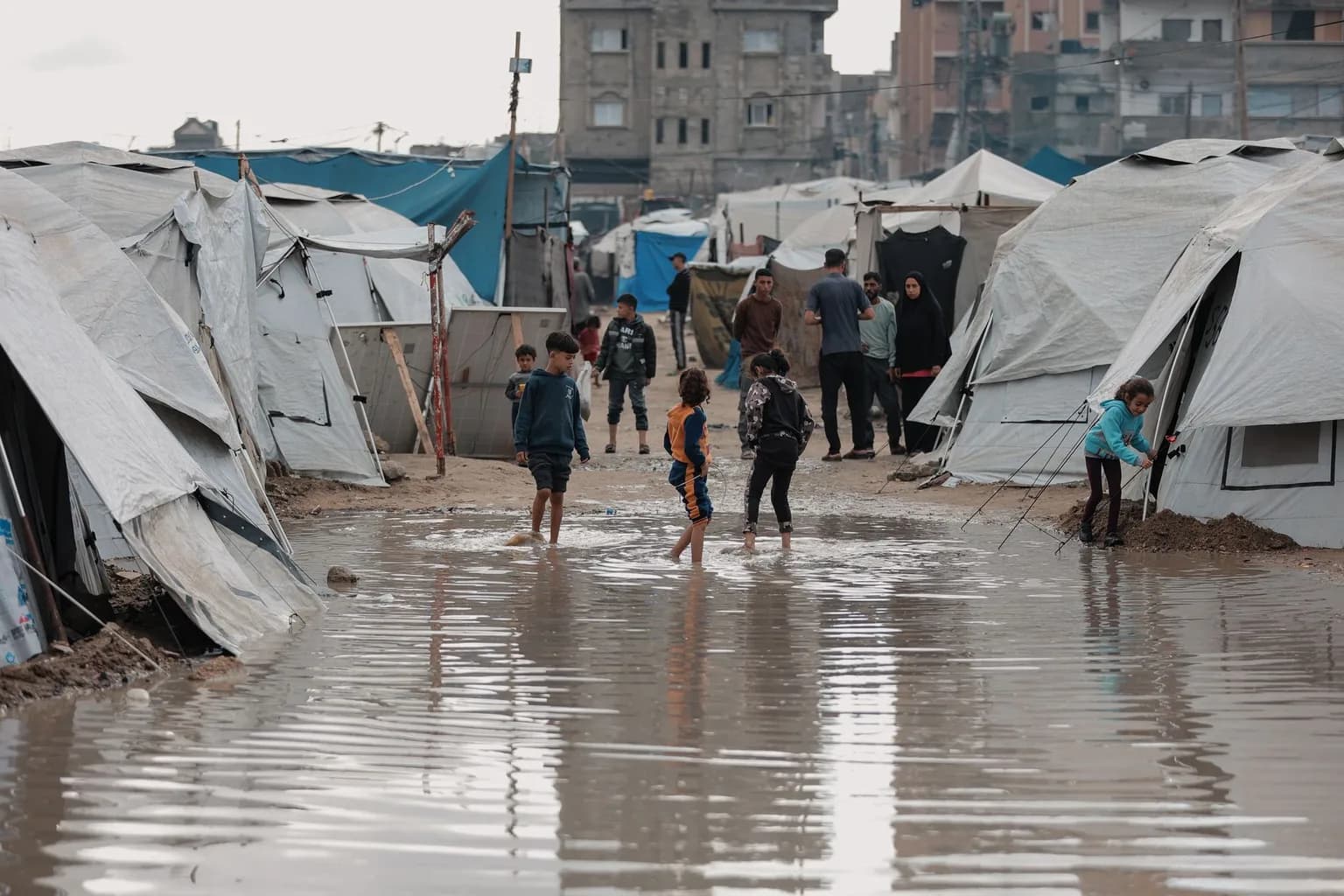Crowded displacement camp tents in Gaza