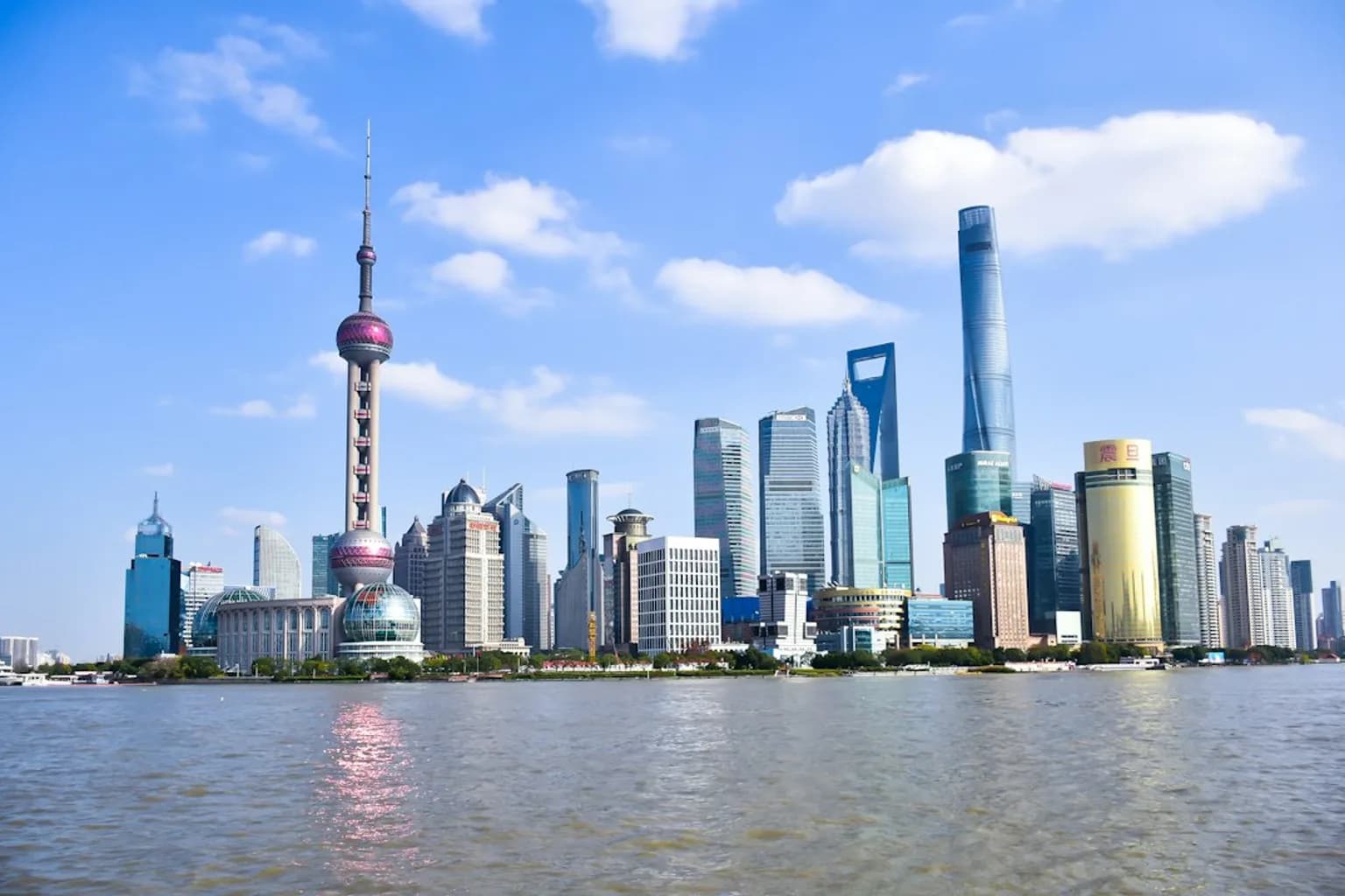 Aerial view of Shanghai's Pudong financial district skyscrapers and waterfront