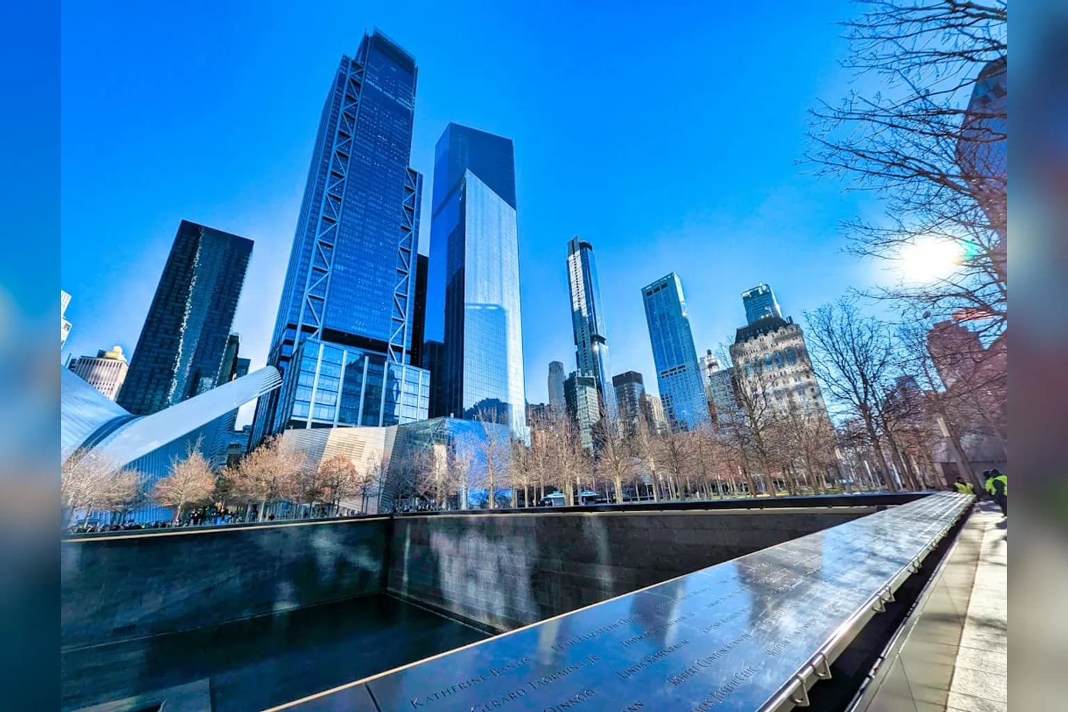 Aerial view of the 9/11 memorial pools at the World Trade Center site in New York City