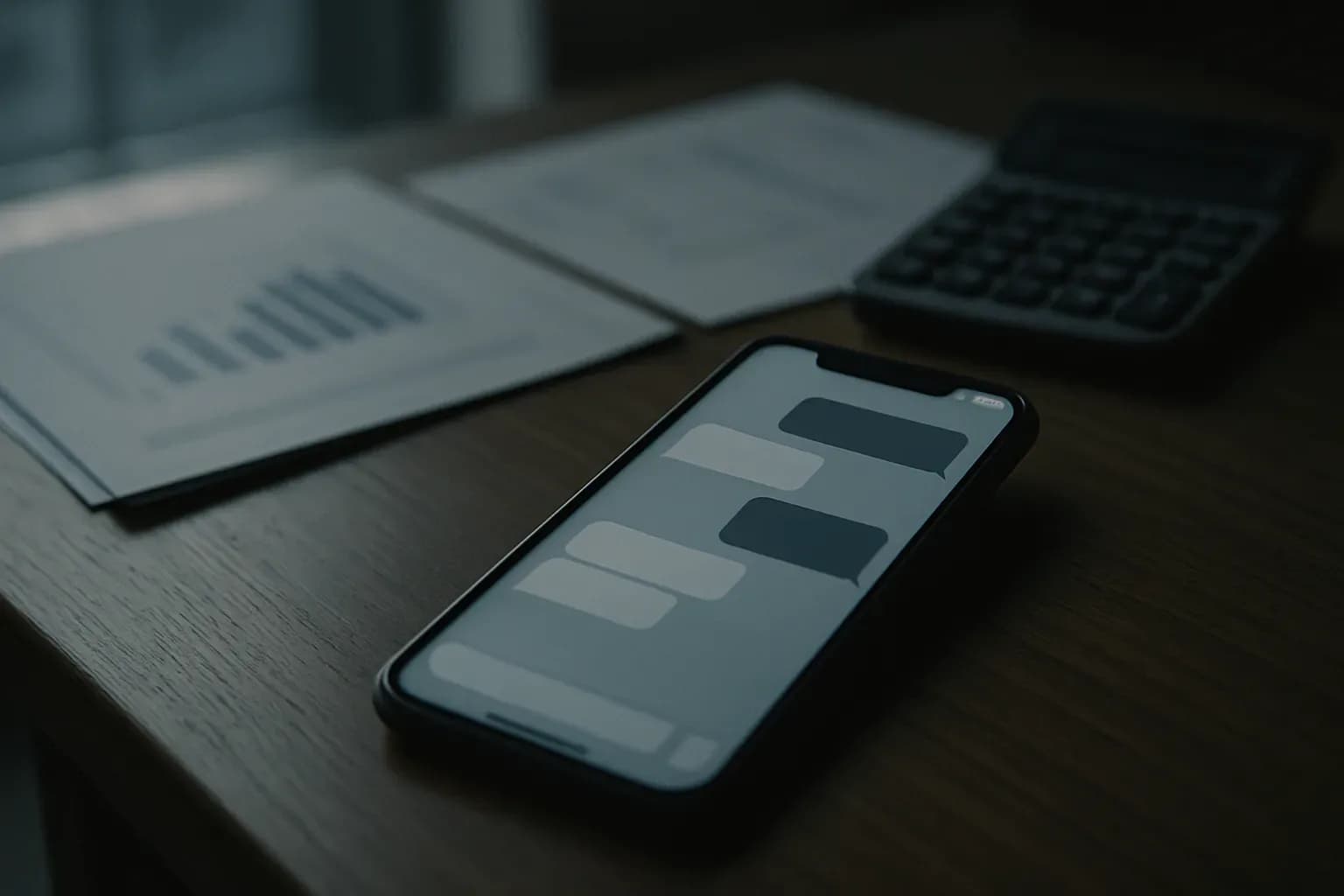 A smartphone showing a chat interface resting on financial paperwork and a calculator on a desk