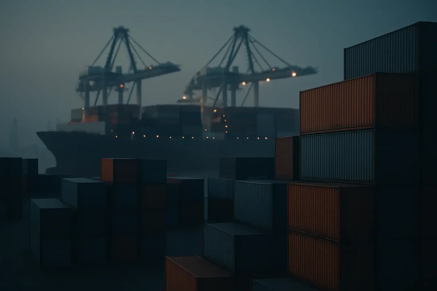 Shipping containers stacked at a cargo port at dusk with a large container vessel in the background