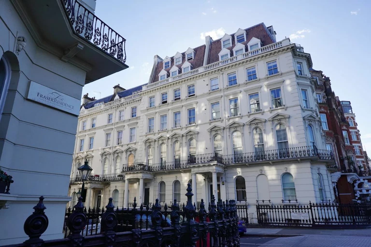 The Israeli embassy building in Kensington, London, with security fencing visible outside