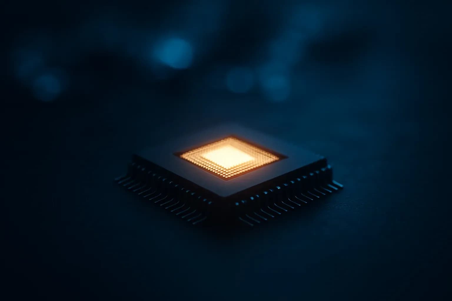 A small glowing microchip on a dark surface lit with cool blue light