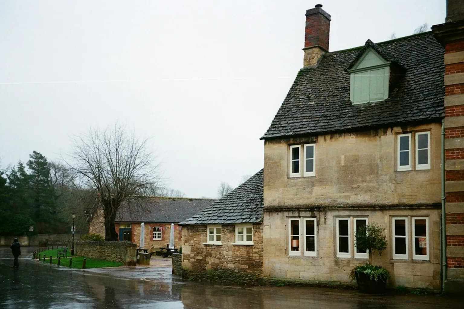 Floodwater surrounding houses and fields in England