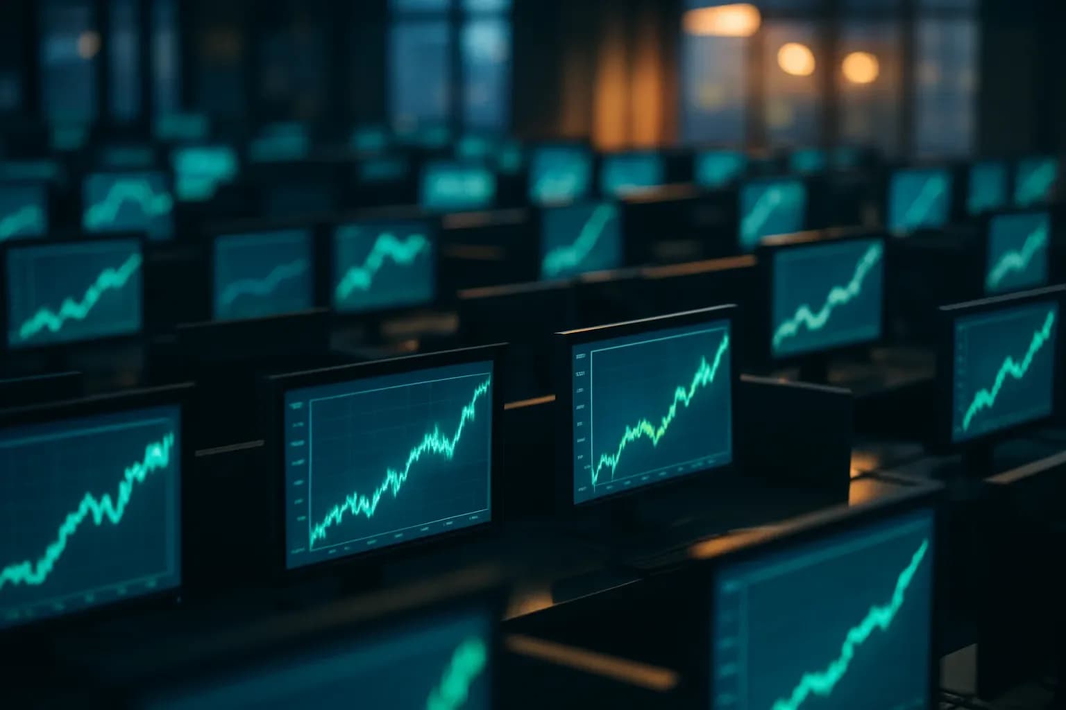 Trading floor monitors displaying upward-trending stock market charts