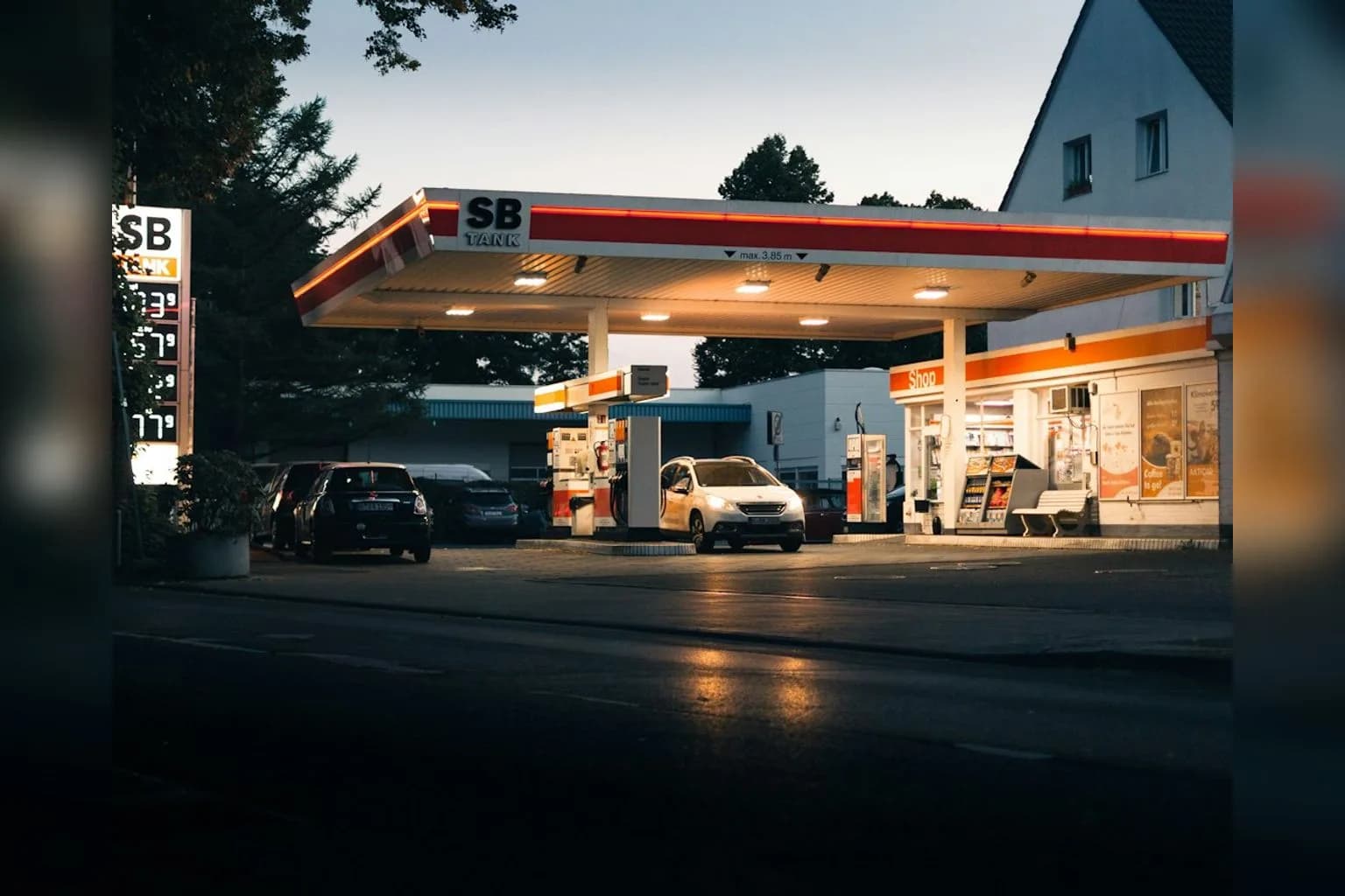A petrol station forecourt in Germany displaying fuel prices