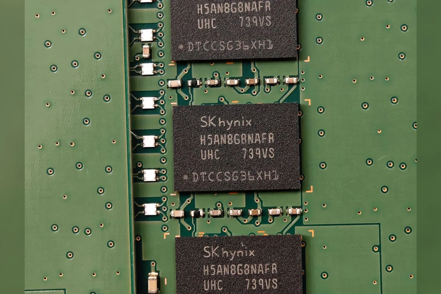 Close-up of DRAM memory chips on a circuit board