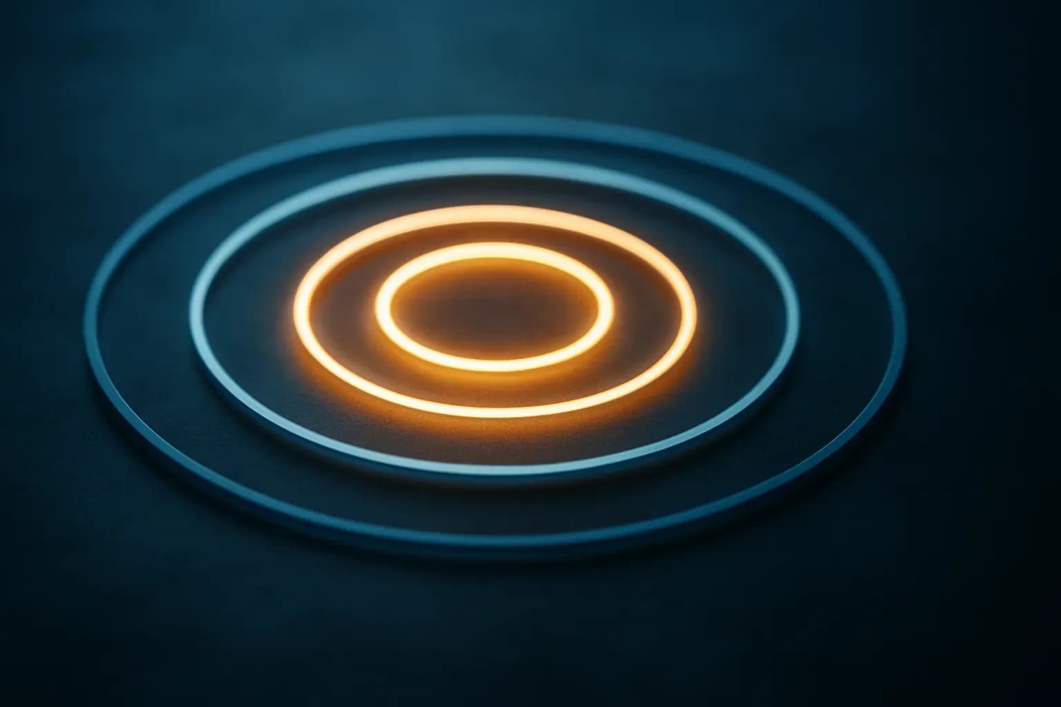 Abstract concentric rings of light suggesting an iterative feedback loop, representing AI recursive self-improvement cycles