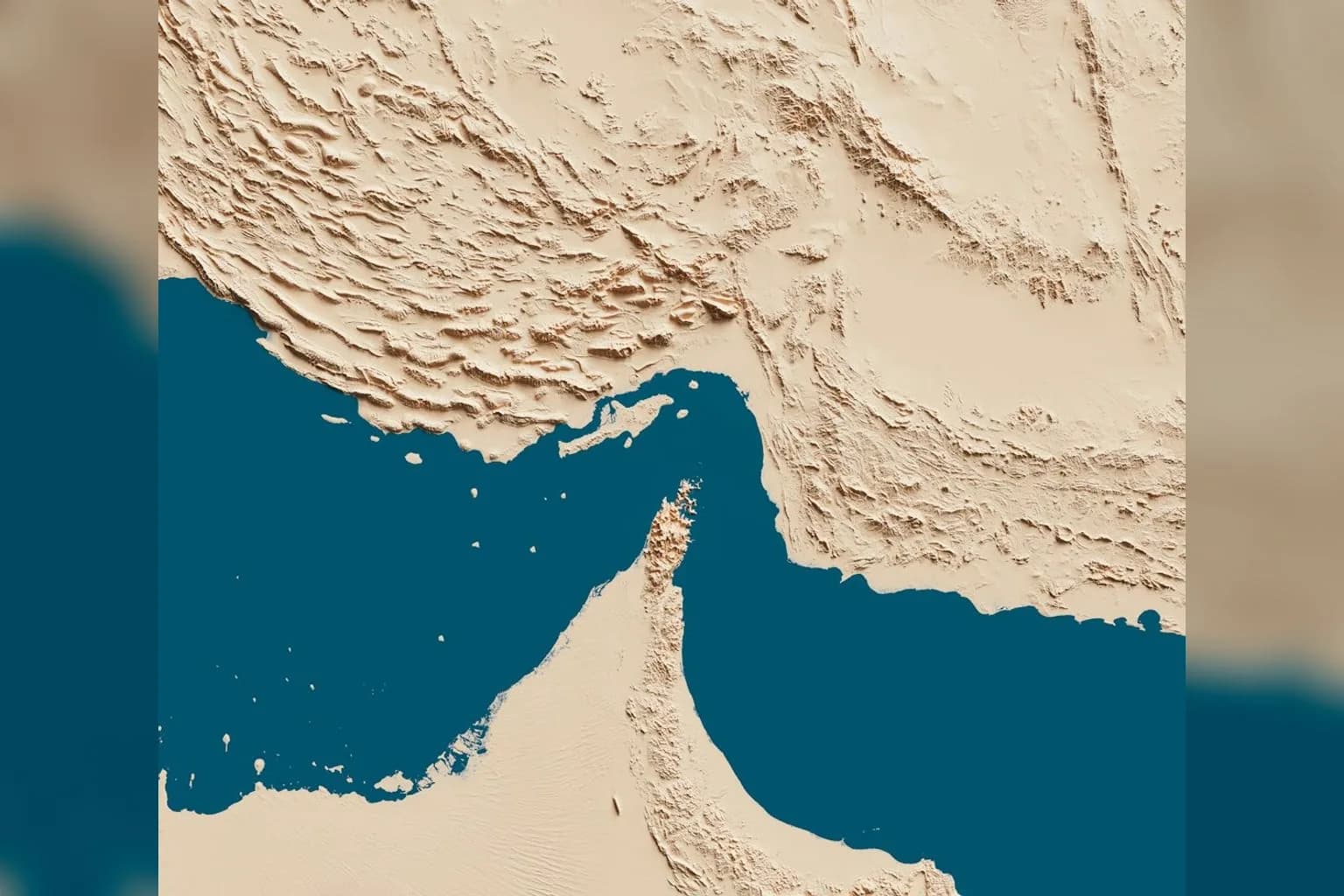 Aerial view of the Strait of Hormuz, the narrow waterway between Iran and the Arabian Peninsula