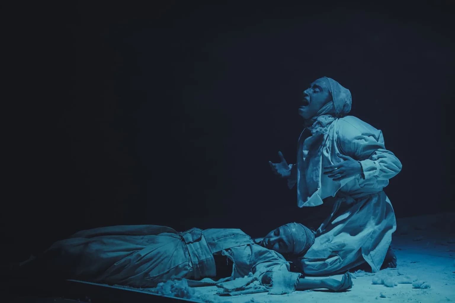 Performers on a makeshift stage in Gaza during a theatrical production