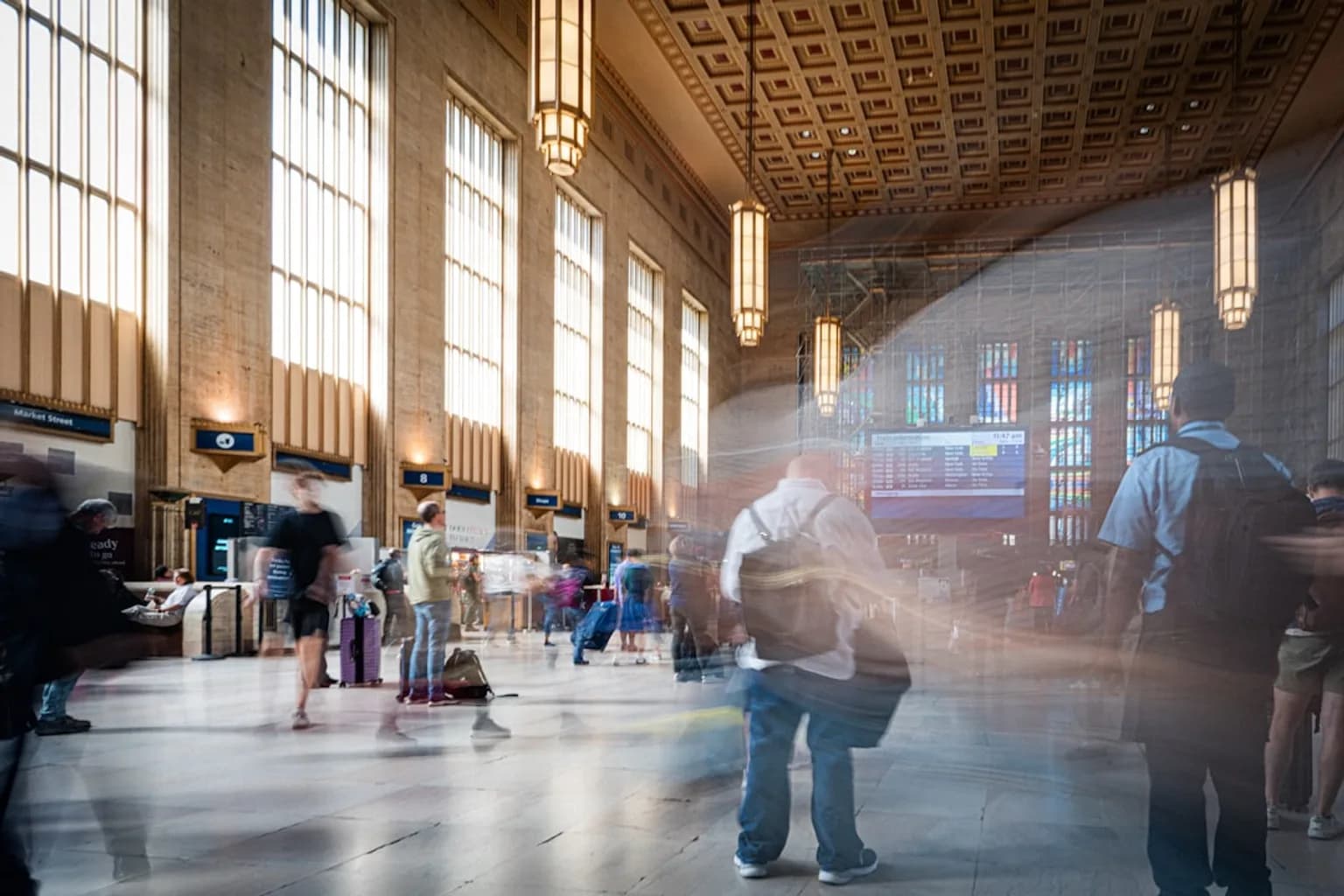 An Amtrak passenger train at a station platform