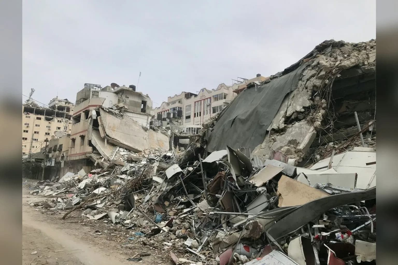 Destroyed buildings and rubble in the Gaza Strip during the ongoing conflict