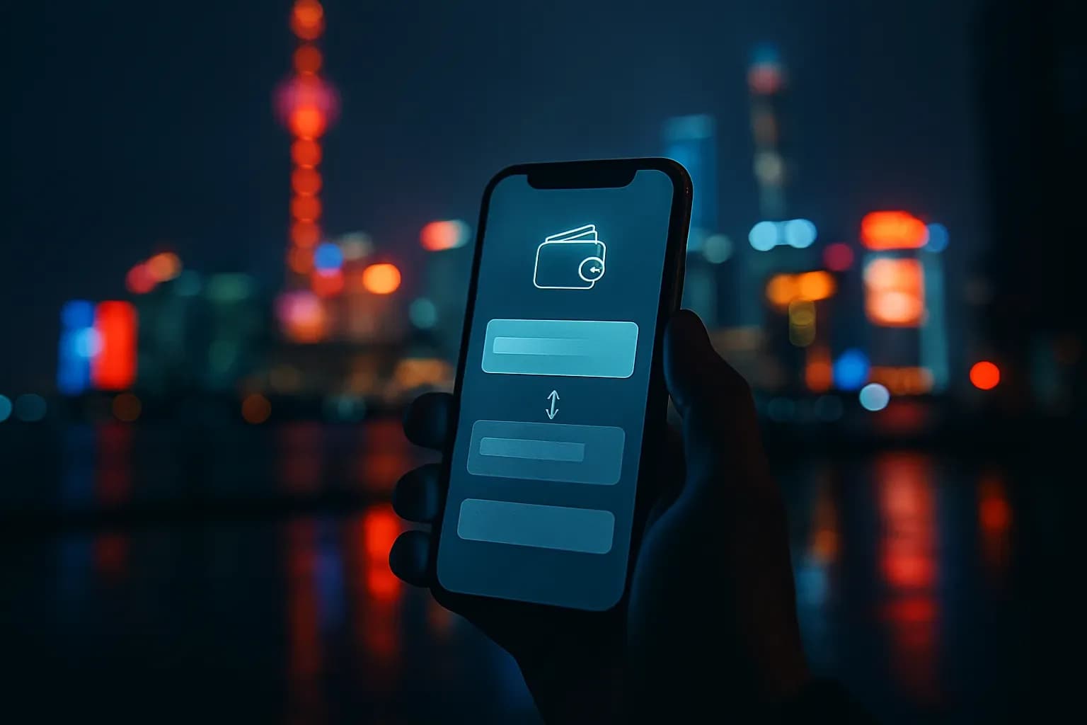 A hand holding a smartphone showing a digital wallet transfer screen against a blurred city skyline at night