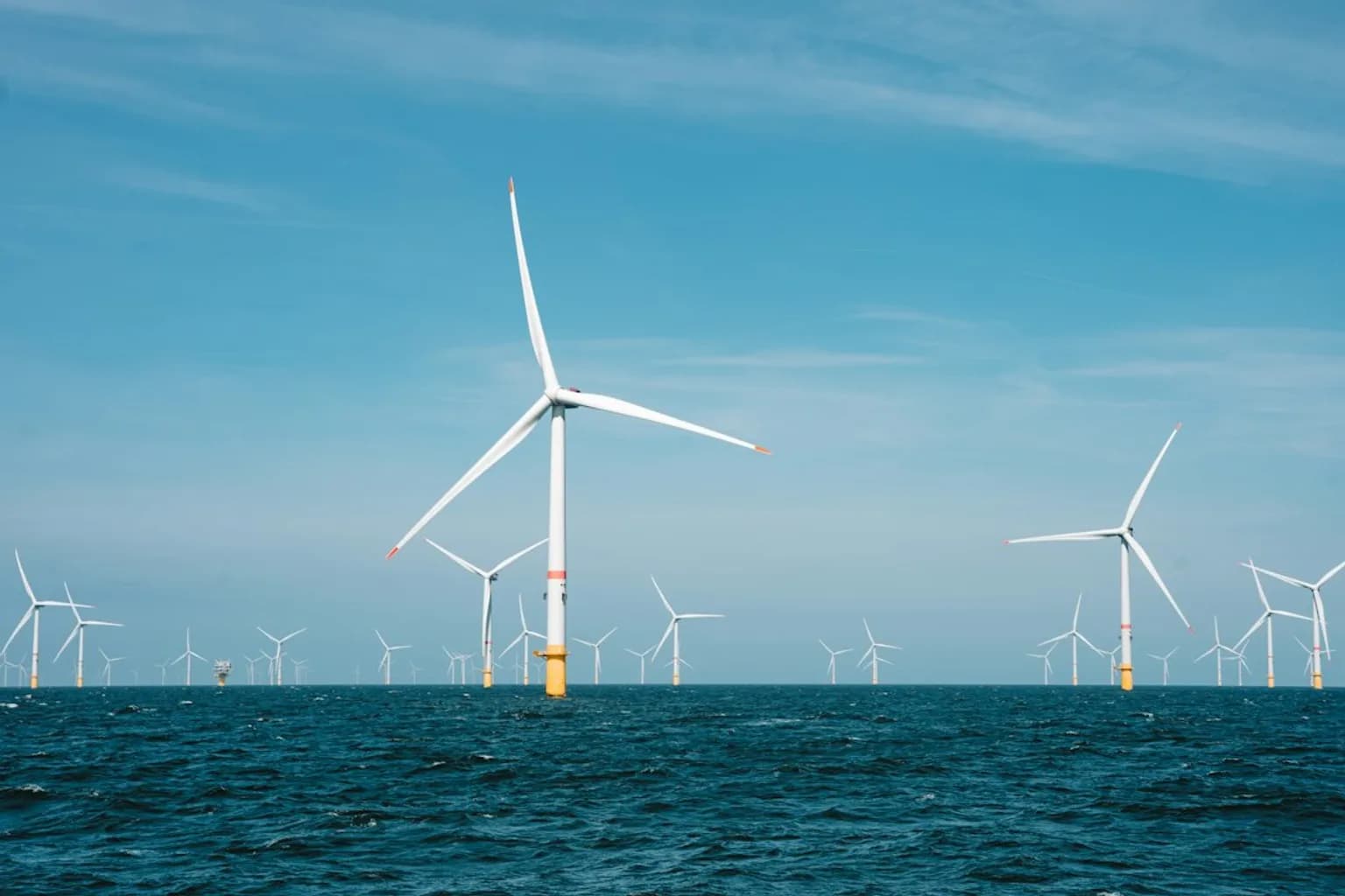 Offshore wind turbines standing in the North Sea at Dogger Bank Wind Farm