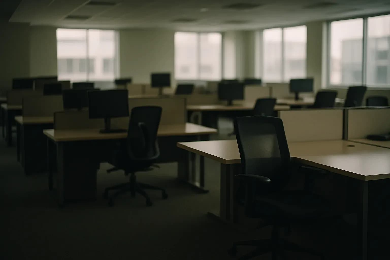 Empty open-plan office with vacant desks and chairs in soft natural light
