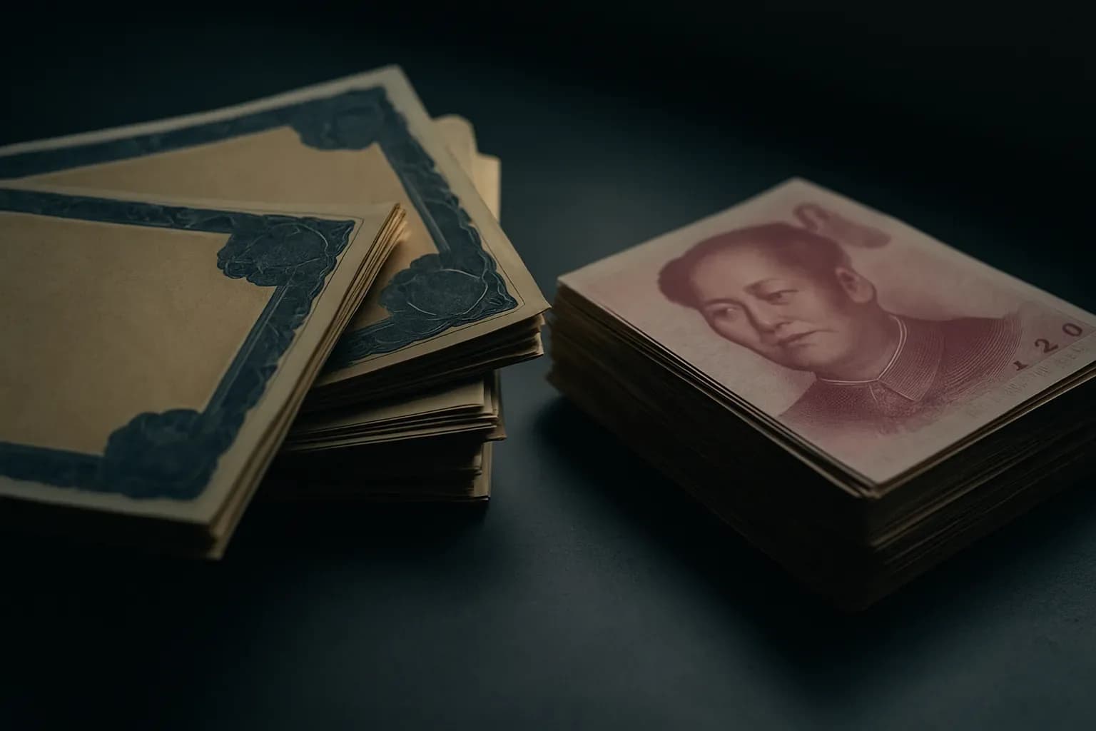 US Treasury bonds and Chinese yuan currency notes arranged on a dark surface