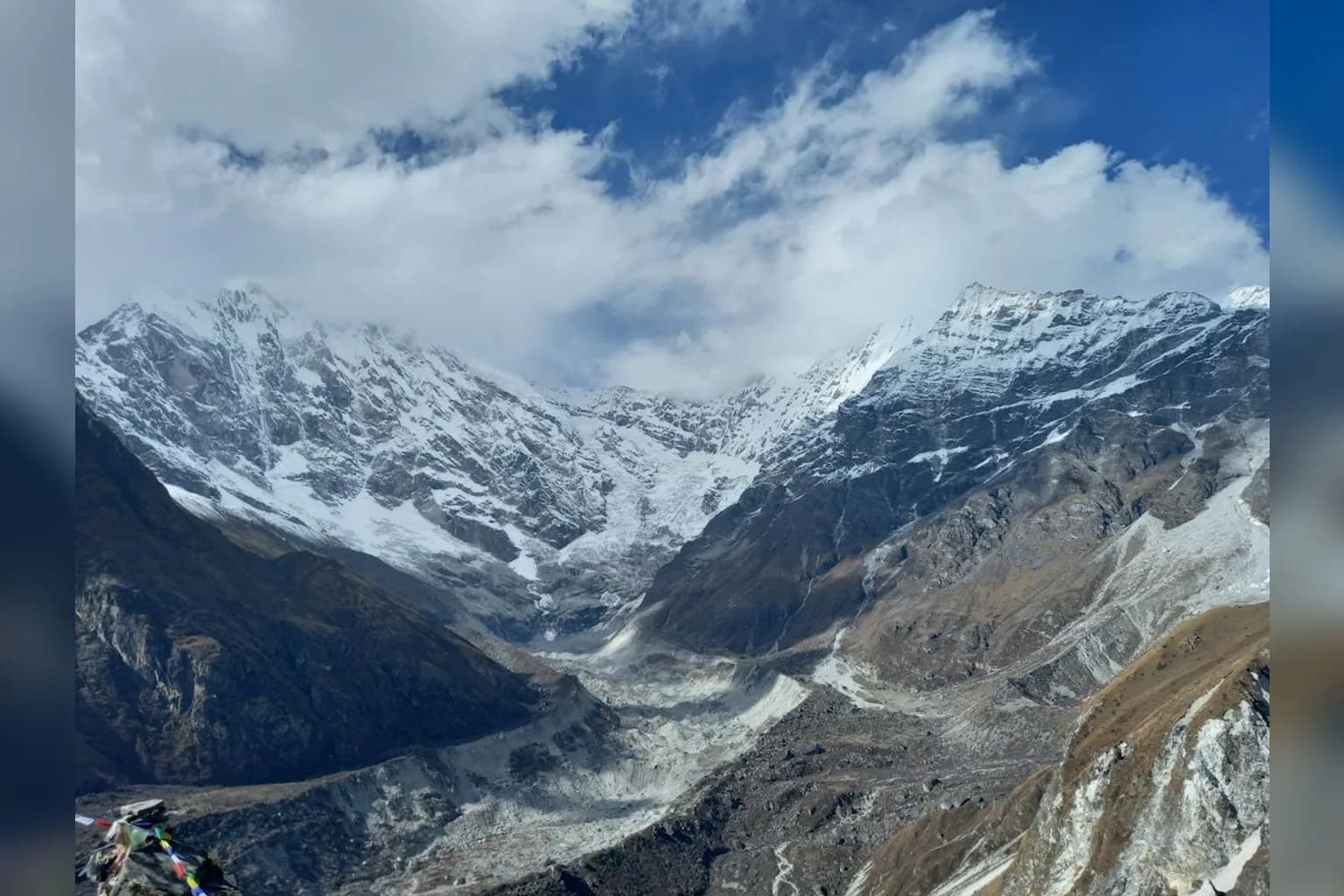 Langtang valley in the Nepalese Himalayas, with glaciated mountain slopes and river valley below