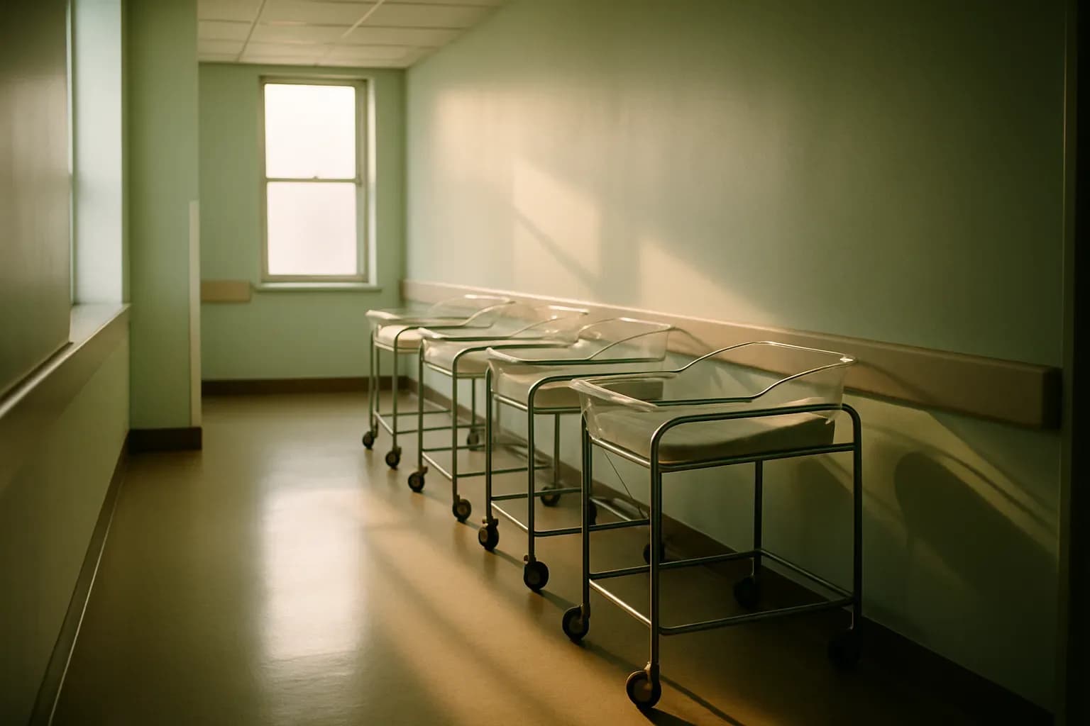 Empty hospital bassinet cots lined along a maternity ward corridor