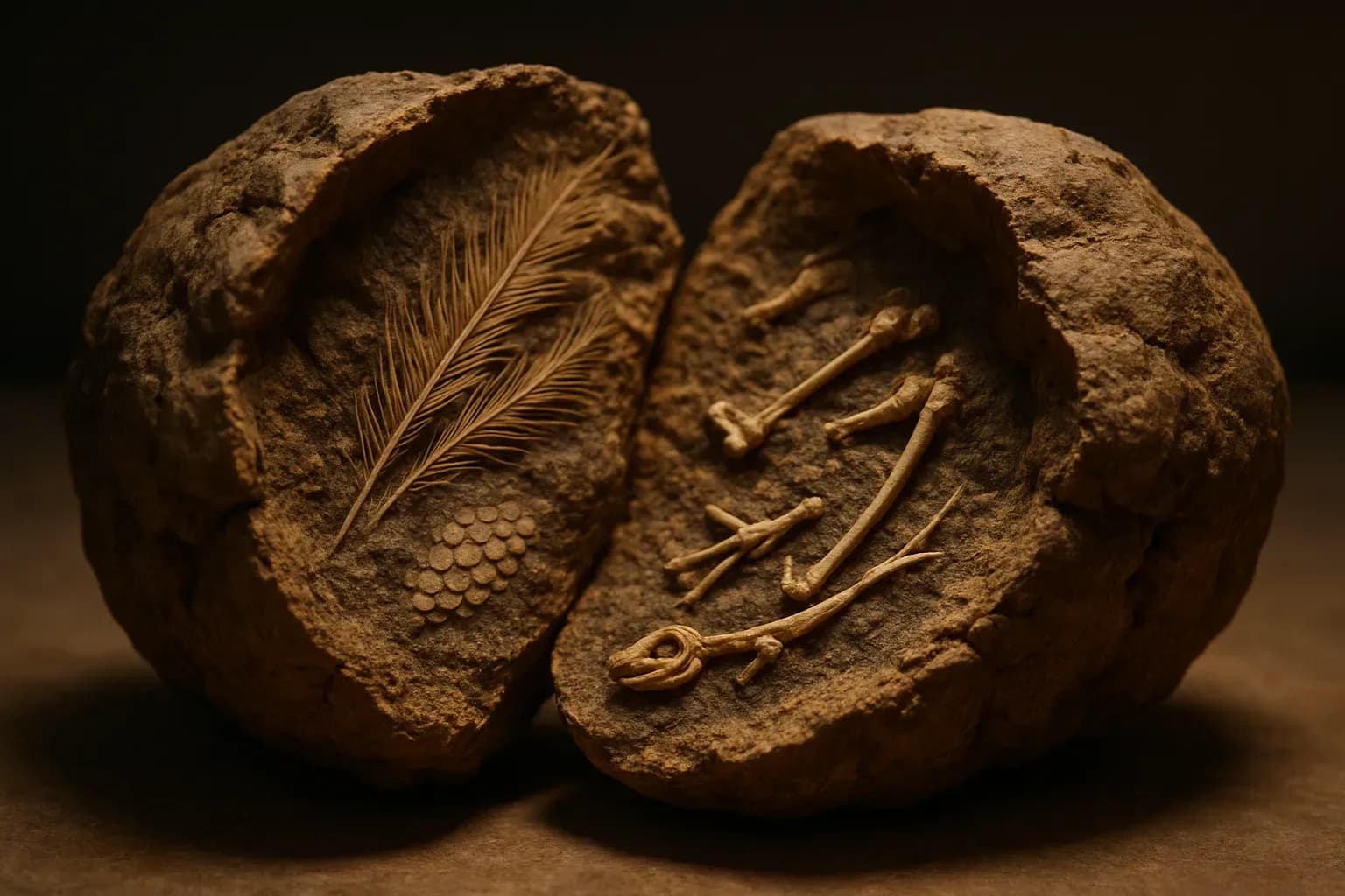 A fossilized coprolite specimen displaying embedded feathers, scales and bone fragments from 66 million years ago.