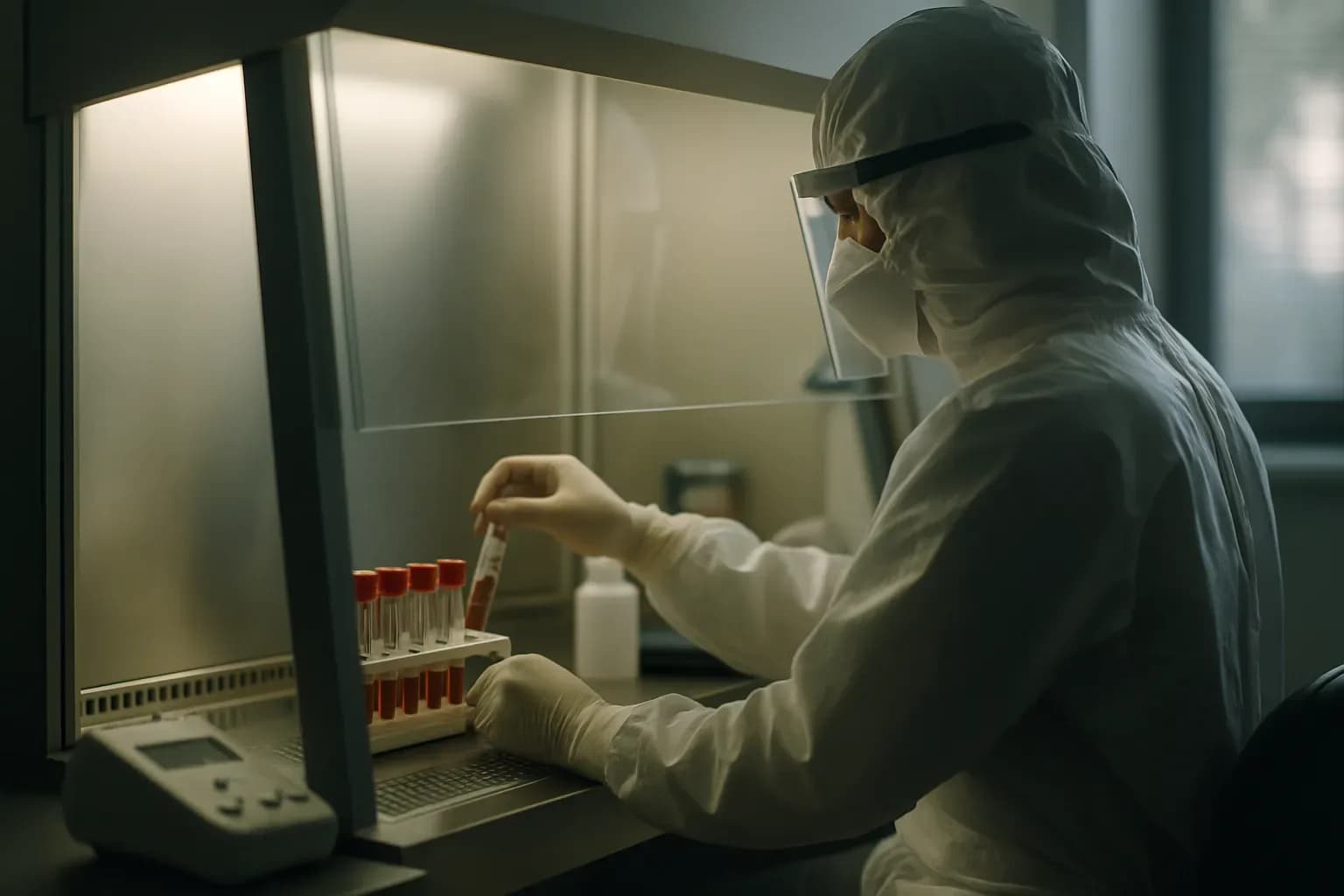 A healthcare worker in protective equipment works in a biosafety laboratory setting with diagnostic equipment and sealed samples.