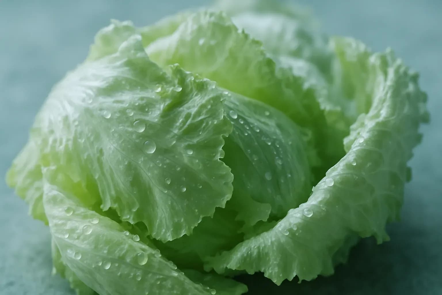 Close-up of iceberg lettuce leaves with water droplets in natural light.
