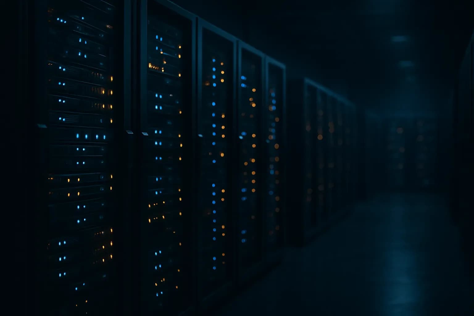A data centre server room with illuminated racks and indicator lights in blue and amber tones