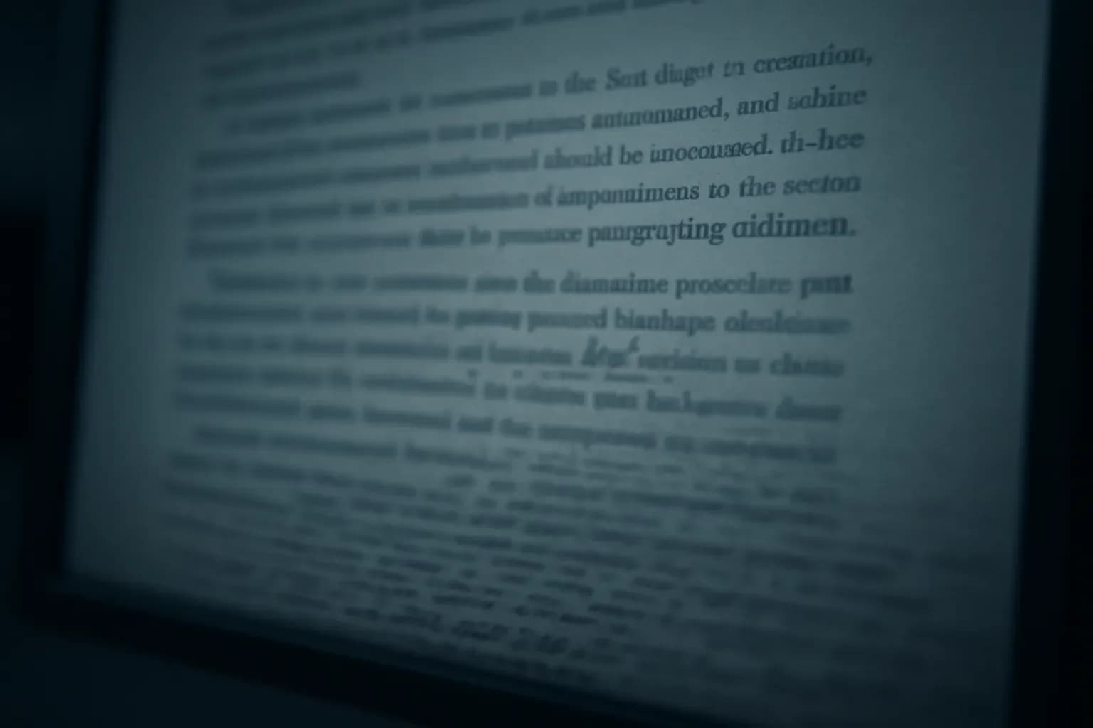 A computer screen showing a legal document with text that becomes increasingly blurred and distorted, symbolizing AI-generated fabrications in legal filings.