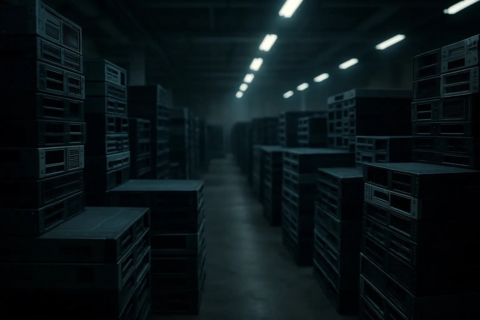 Rows of decommissioned server racks in a dimly lit data centre hall