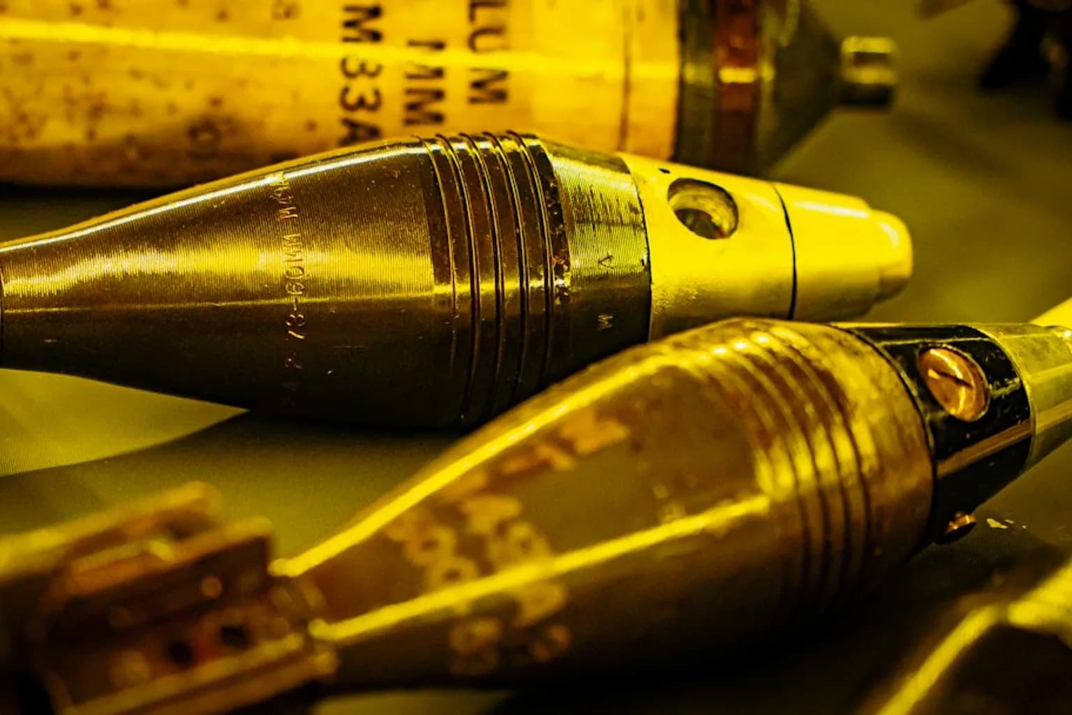 MK-84 2,000-pound general-purpose bombs stacked in a military storage area