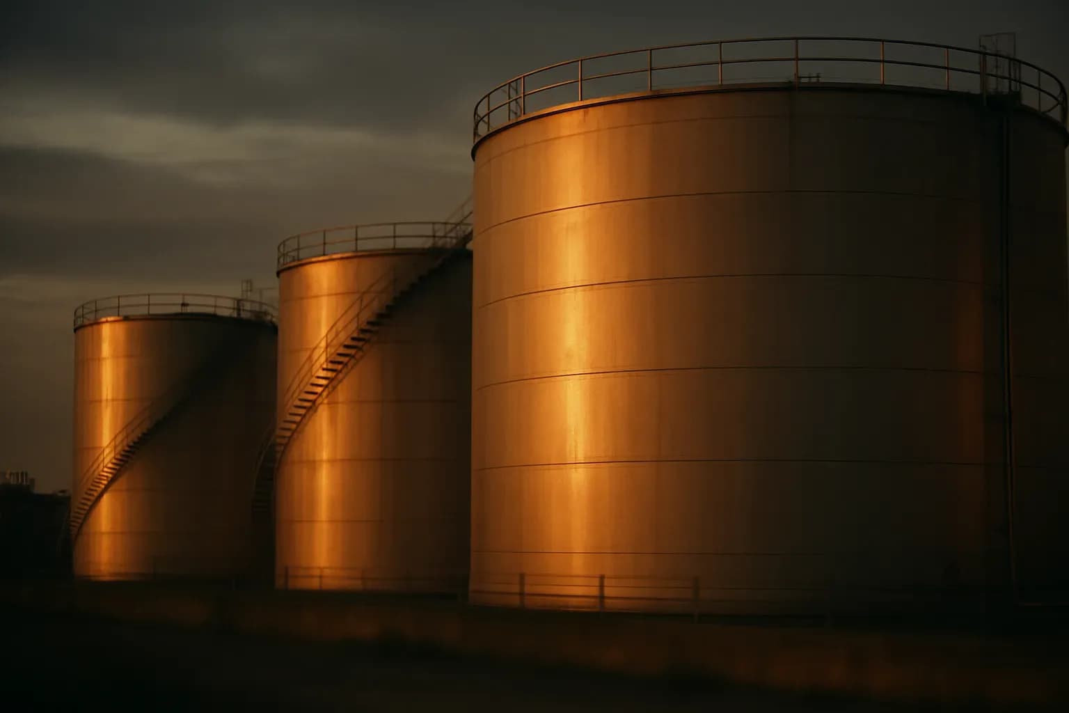 Large cylindrical oil storage tanks photographed at dusk with warm ambient light