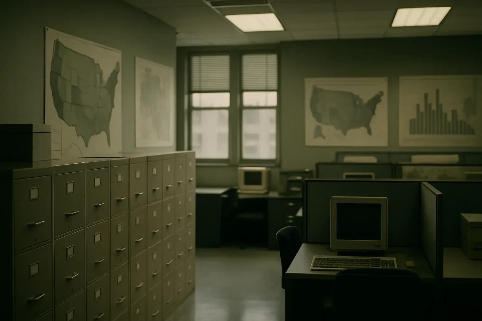 Interior of a Census Bureau office with filing systems, computer workstations, and demographic charts visible on walls.