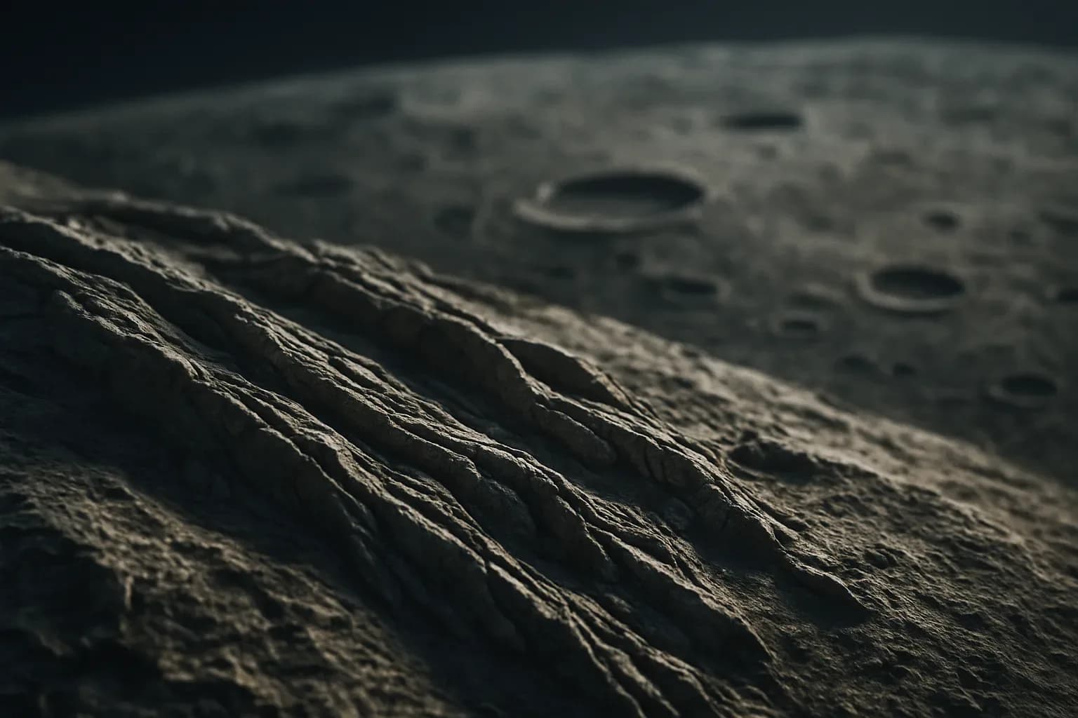Close-up of Mercury's surface showing compressed ridges and wrinkled terrain formed by planetary contraction, with sharp relief shadows cast by low sunlight.