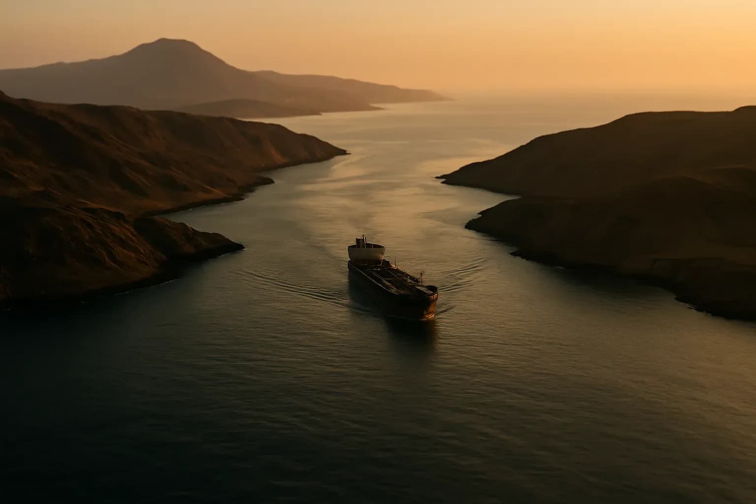 Aerial view of a cargo ship transiting the Bab al-Mandab Strait, a narrow Red Sea shipping passage between two arid coastlines at dawn.